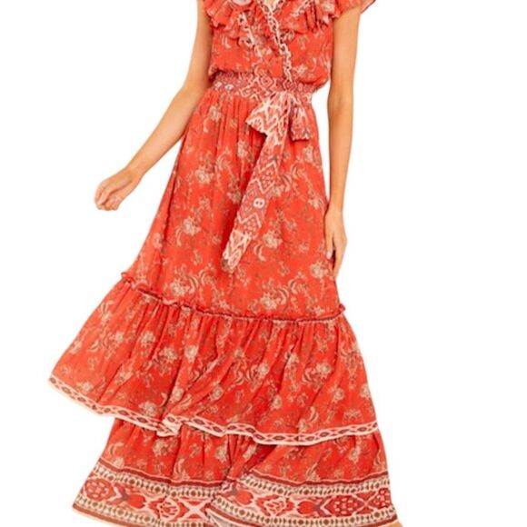 Aura Dresses & Skirts - Aura Women's M Red Floral Boho Maxi Dress V-Neck Cap Sleeve Casual